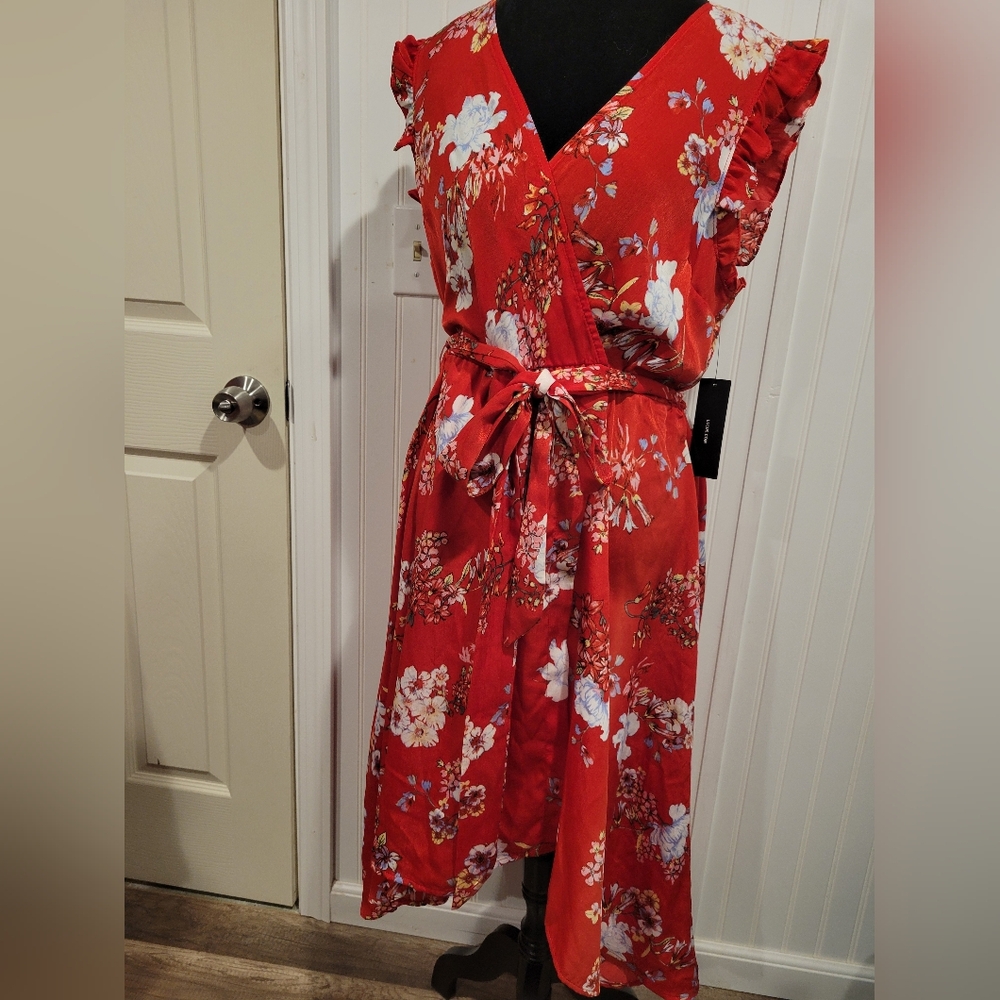 Lulus Blossom Midi Dress Wrap Red Floral XL High Low New With Tags